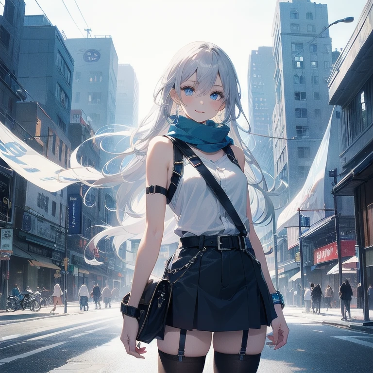 (Masterpiece, Best quality, ultra high resolution), (((1 girl))), Silver hair, Pale skin, Beautiful detailed face, Detailed eyes, posing on a white background, Dynamic lighting, dynamic shadowing, looking at viewer, White street punk fashion with blue details, (Posing for a photo), ((White clothes)), (((black thigh highs))), jean shorts, skirt, white sweater, ((Blue eyes)), happy, smiling, black straps, black strap design, ((Long white hair)), energetic, cheerful, cityscape background, (garter), blue tertiary color, blue highlights, purse, hand bag, ((chest harness fashion)), ((more blue on clothes)), ((Deep blue ocean scarf)), scarf, (((concept art/reference front and back)))