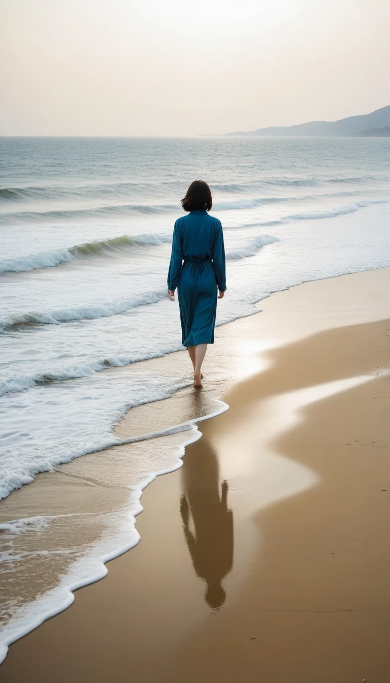 , Vivid picture quality, desolate long beach, A short-haired woman walking from afar, 안개낀 ocean, alone, afternoon, depressed, tide가 밀려온다, ocean, tide, wind, short korean woman, 잔잔한 tide, bare foot