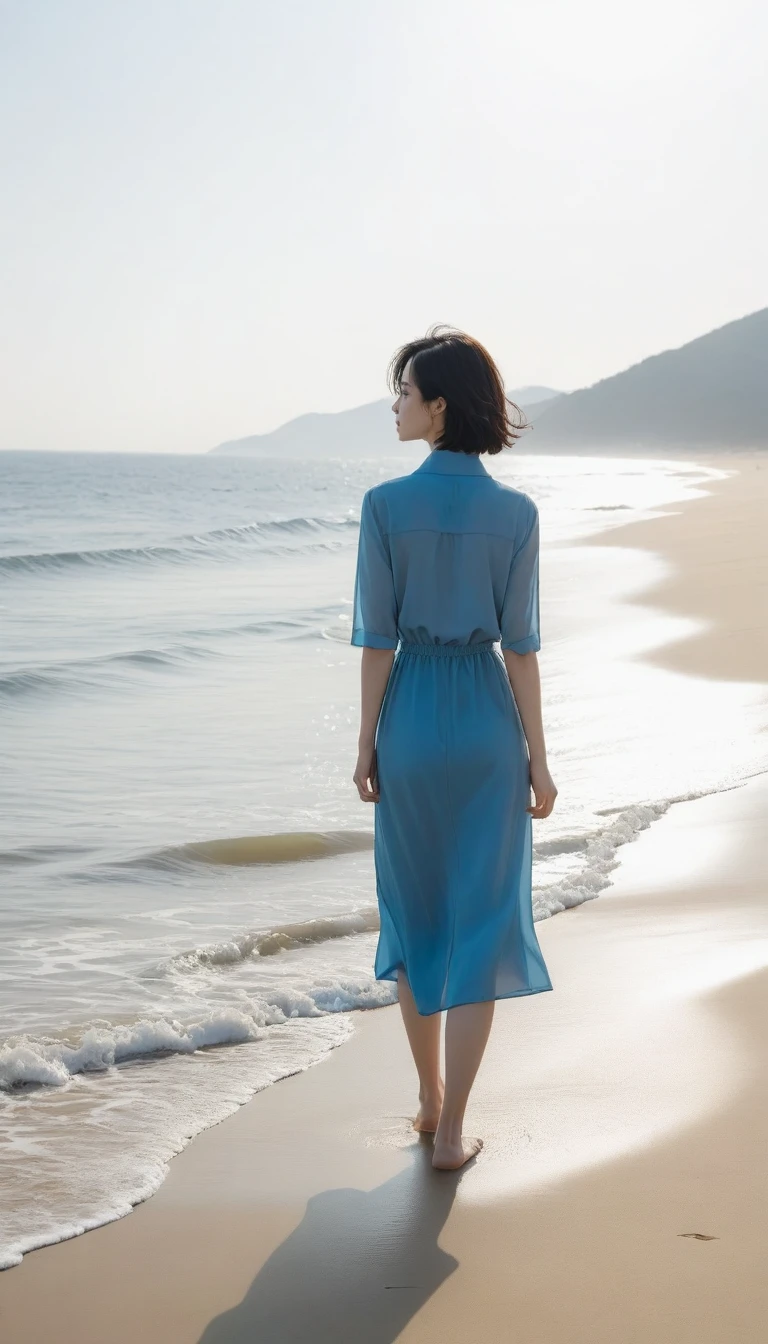 , Vivid picture quality, desolate long beach, A short-haired woman walking from afar, 안개낀 ocean, alone, afternoon, depressed, tide가 밀려온다, ocean, tide, wind, short korean woman, 잔잔한 tide, bare foot