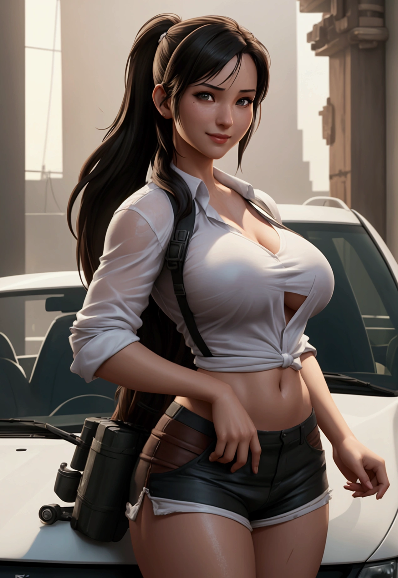 a smile woman in a silk white shirt wets  a big-boobs  and shorts posing for a picture, a photorealistic painting by Ren Xiong, Artstation contest winner, digital art, muscular sweat lara croft, ultra realistic concept art, tifa lockhart, perfectly shaded body, tifa, lara croft, photorealistic concept art, ultrarealistic concept art, photorrealistic concept art, hyperrealistic concept art with car