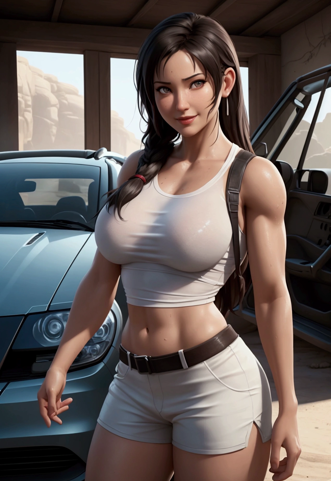 a smile woman in a silk white shirt wets a big-boobs and shorts posing for a picture, a photorealistic painting by Ren Xiong, Artstation contest winner, digital art, muscular sweat lara croft, ultra realistic concept art, tifa lockhart, perfectly shaded body, tifa, lara croft, photorealistic concept art, ultrarealistic concept art, photorrealistic concept art, hyperrealistic concept art with car