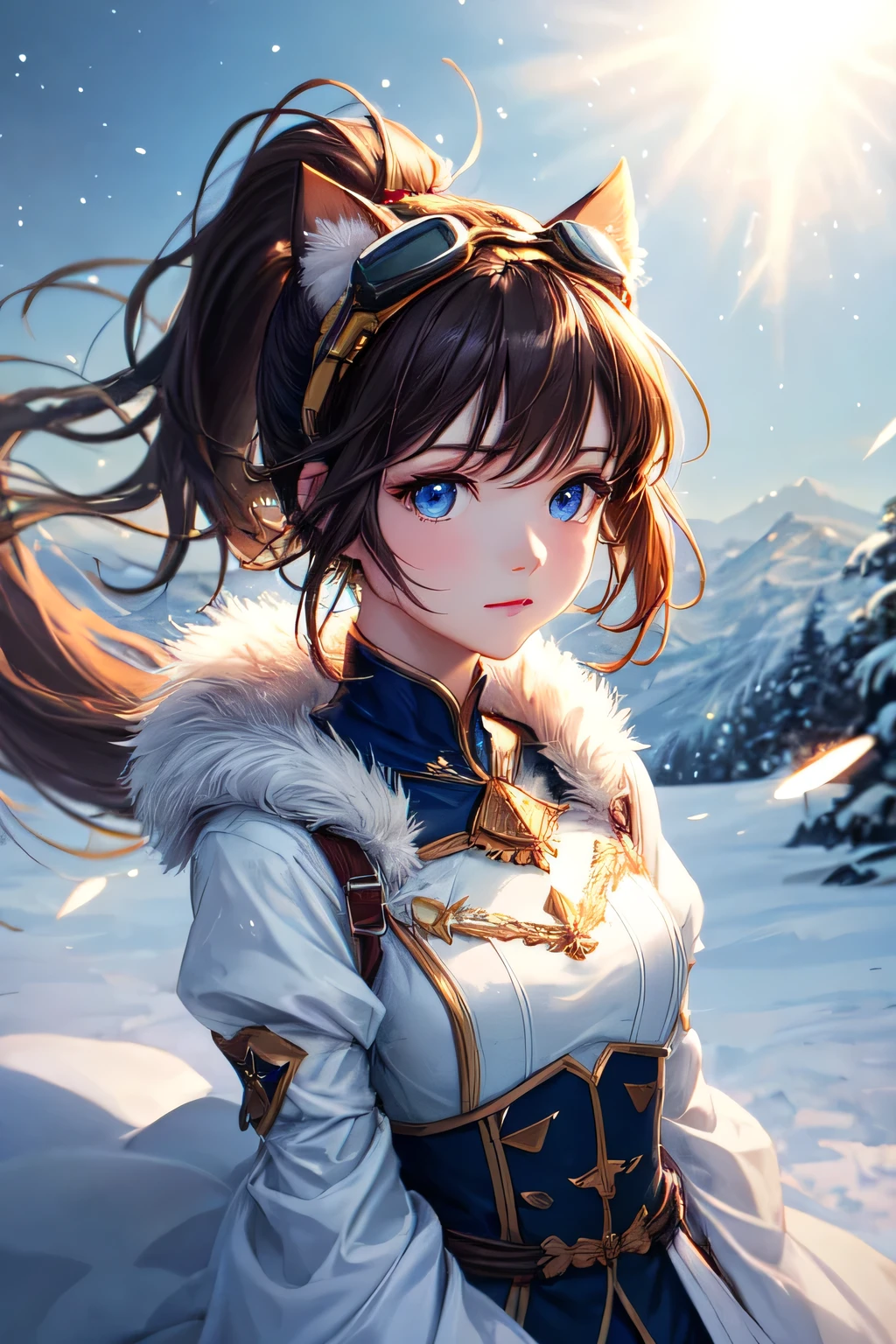 masterpiece, (Highest quality: 1.2), (Super quality: 1.2), shape, (Very delicate and beautiful: 1.2), Film Angle, floating, (Beautiful details in the eyes: 1.1), (Detail Light: 1.1), Film Light, Delicate Sky, woman, Dark Hair Blue Eyes, (High Ponytail: 1.1),goggles, fur,Warm dress, Beige clothes,Shining Eyes, Starry Sky, (Particles of light: 1.1), fog , Snow Painting, sketch, bloom,Dog ears