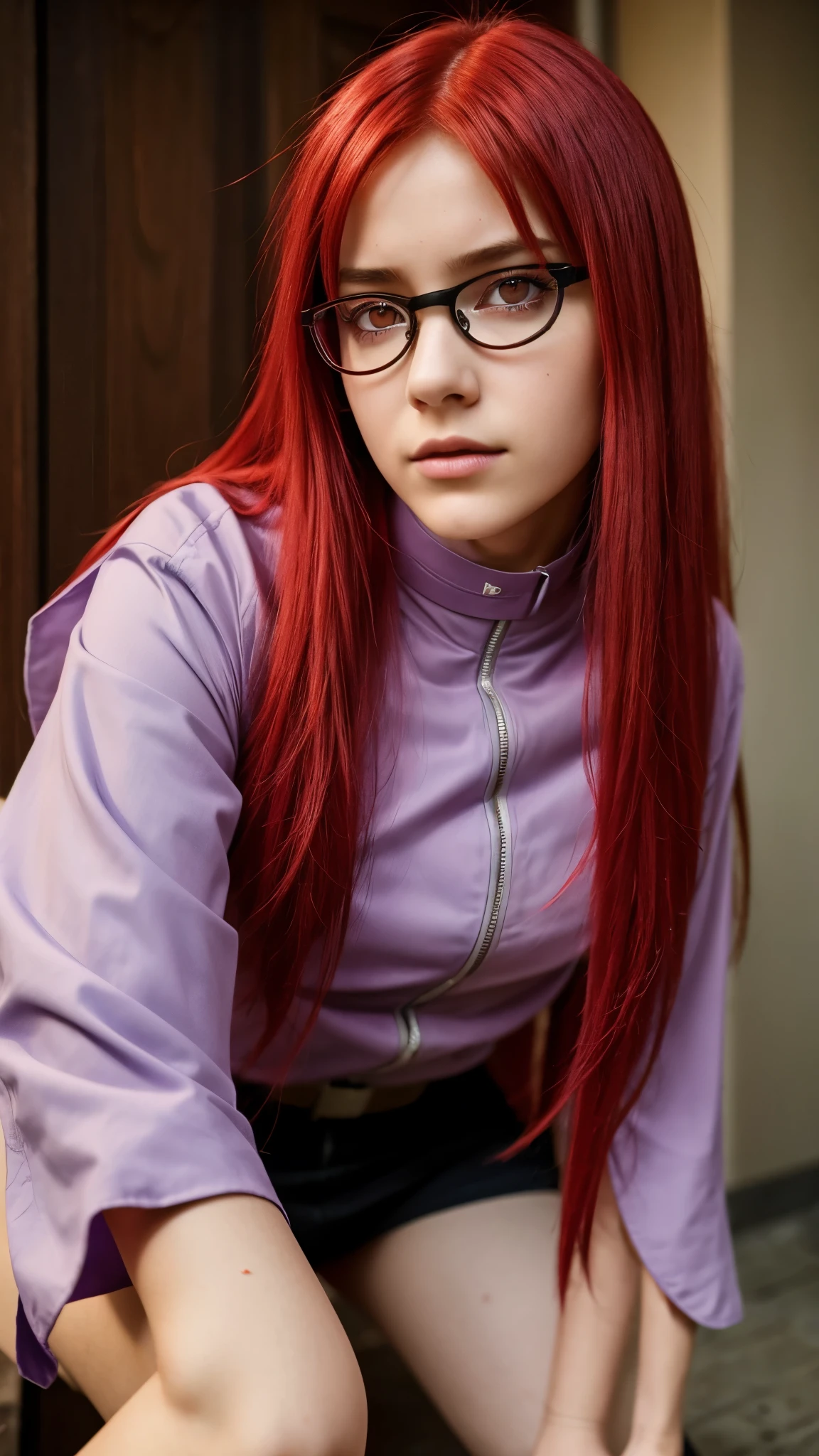 Girl, ************, red hair , glasses, Long lilac blouse with high collar, red eyes, like karin from naruto 