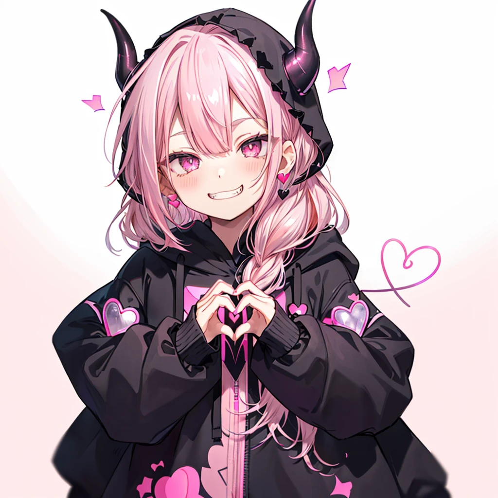 ((((Jagged Open your mouth Grin Pink Background shining heart front)))) (((Black hoodie Wearing a hood Demon Horns Heart Iris Close-up Pink Hair Long Hair Making a heart with both hands))) ((Shiny earrings Small black ribbon)) Shining Edge Shining Background