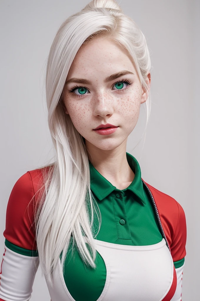 make me an oc from Boku no hero academia genre: feminine skin:white with freckles on the face Hair color:White long background:UA Hall Appearance:somewhat large breasts , red lips green eyes