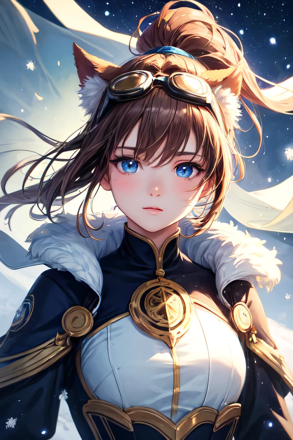 masterpiece, (Highest quality: 1.2), (Super quality: 1.2), shape, (Very delicate and beautiful: 1.2), Film Angle, floating, (Beautiful details in the eyes: 1.1), (Detail Light: 1.1), Film Light, Delicate Sky, woman, Dark Hair Blue Eyes, (High Ponytail: 1.1),goggles, fur,Warm dress, Beige clothes,Shining Eyes, Starry Sky, (Particles of light: 1.1), fog , Snow Painting, sketch, bloom,Dog ears