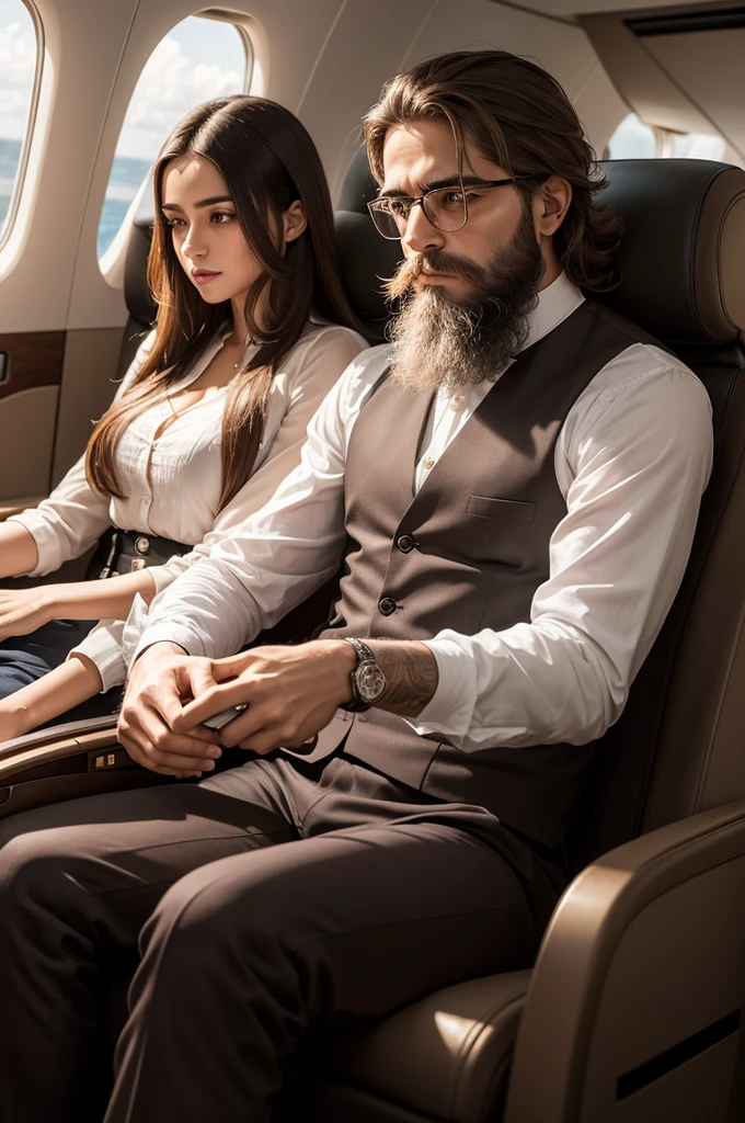 Machado de Assis, with a well-groomed beard, Assis 27 years old, is inside a luxury plane, next to a beautiful 25 year old girl, chestnut hair. Machado is scared looking at the cell phone in his hands. They are sitting in comfortable armchairs. image ultra realistic