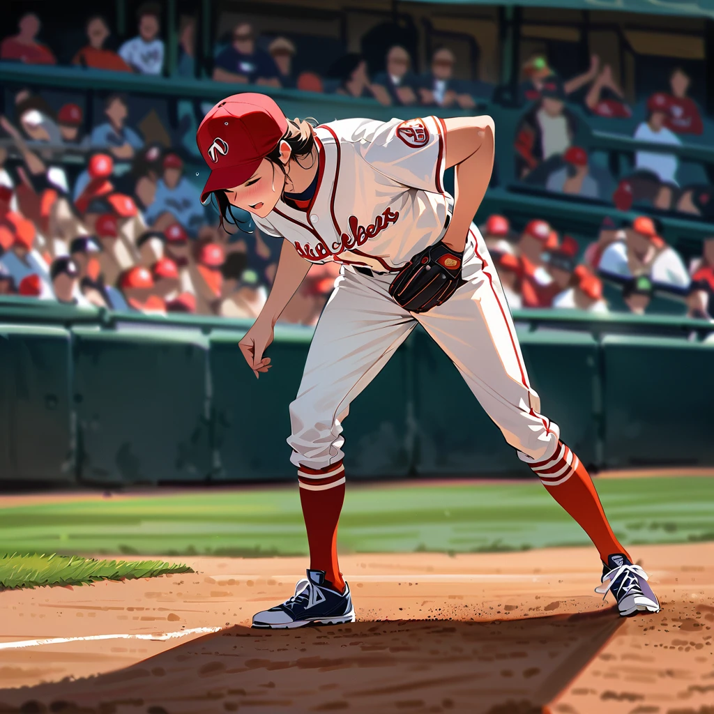 Young beautiful woman,(Highest quality,Extremely detailed depiction,Incredibly absurd high resolution,Anatomically accurate depiction,SFW),(Glowing Skin,Shiny skin),baseball player,Baseball uniform,baseball pants,Baseball hats,Gloves,A pitcher crying on the mound in frustration,Mortified face,Kneeling posture,background:Baseball field during a game,Walk-off loss,On the mound