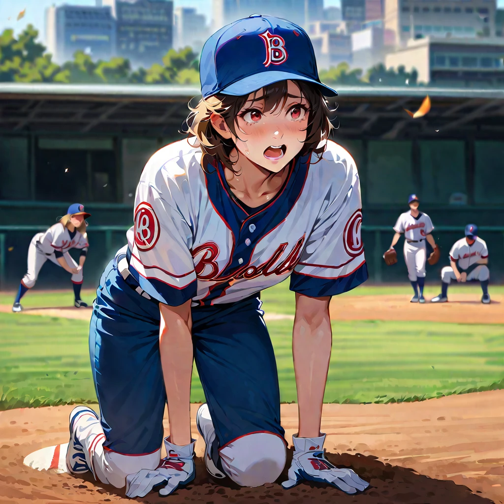 Young beautiful woman,(Highest quality,Extremely detailed depiction,Incredibly absurd high resolution,Anatomically accurate depiction,SFW),(Glowing Skin,Shiny skin),baseball player,Baseball uniform,baseball pants,Baseball hats,Gloves,A pitcher crying on the mound in frustration,Mortified face,Kneeling posture,background:Baseball field during a game,Walk-off loss,On the mound