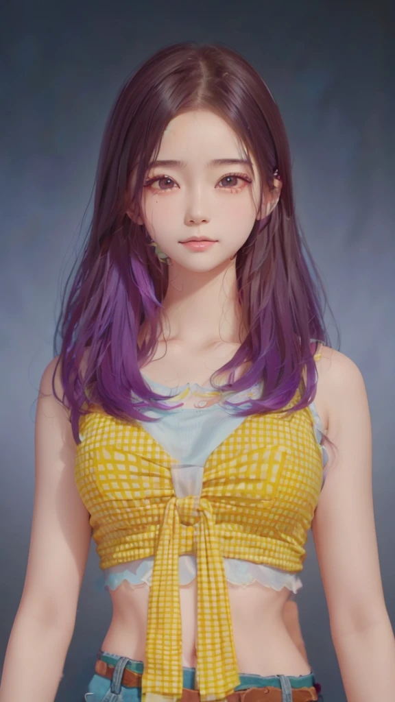 a close up of a person with purple hair wearing a yellow top, inspired by Sim Sa-jeong, wavy hair yellow theme, realistic. cheng yi, with very highly detailed face, kawaii realistic portrait, 🤤 girl portrait, long glowing ethereal hair, detailed hair foggy, inspired by Russell Dongjun Lu, 16k upscaled image, realistic hair, dynamic wavy hair, (huge breast)