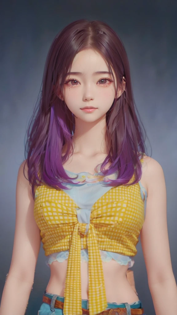 a close up of a person with purple hair wearing a yellow top, inspired by Sim Sa-jeong, wavy hair yellow theme, realistic. cheng yi, with very highly detailed face, kawaii realistic portrait, 🤤 girl portrait, long glowing ethereal hair, detailed hair foggy, inspired by Russell Dongjun Lu, 16k upscaled image, realistic hair, dynamic wavy hair, (huge breast)