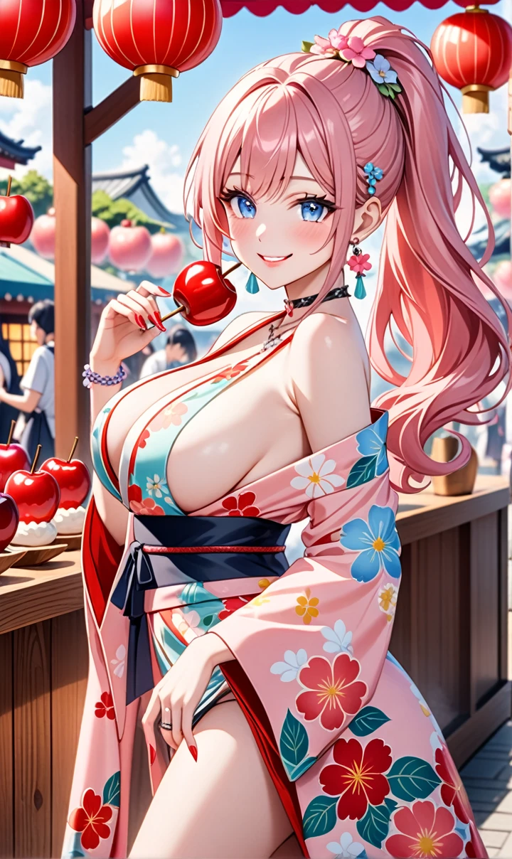 ultra-detailed, ((one girl)), (pale skin:1.4), in pastel colors gyaru, (heavy makeup), (professional lighting) hyper detailed, absurdres, 8K, Beautiful Face, (Laugh shyly), ((teasing smile:1.8)), ((Wink:1.7)), (Laugh with your mouth wide open),((Tilt your face:1.6)), View your viewers, ((Bright red cheeks:1.6)),Glossy Red Lips, ((Big Breasts:1.6)), ((undressing:1.2)), noon, Shrine festival stalls, ((eating candied apple stick)), ((Anime style background)),masterpiece, Highest quality, so beautiful,Latest, Complex details, (Pink long nails), (nail art), (ring),(bracelet), (Floral Choker),AI-generated, Complex,High resolution, Highest quality, super high quality,3D Images、3D Images,One person,Pastel pink long hair,(High Ponytail), (wavy hair:1.3), Pastel anime woman posing for a photo, ((Fine grain、blue eyes、glowing eyes:1.4)), (Squint your eyes:1.1),a hyperRealistic , hyperRealistic , Realistic,Anime woman with long pastel pink hair, Smooth anime CG art, A girl in a gorgeous pastel-colored kimono, ((Pastel-colored furisode)),(Pink large floral pattern), (sideboob), Long flower hair ornament,Floral Earrings, Mature Body, tall,Narrow waist,((from side)), ((leaning forward)),