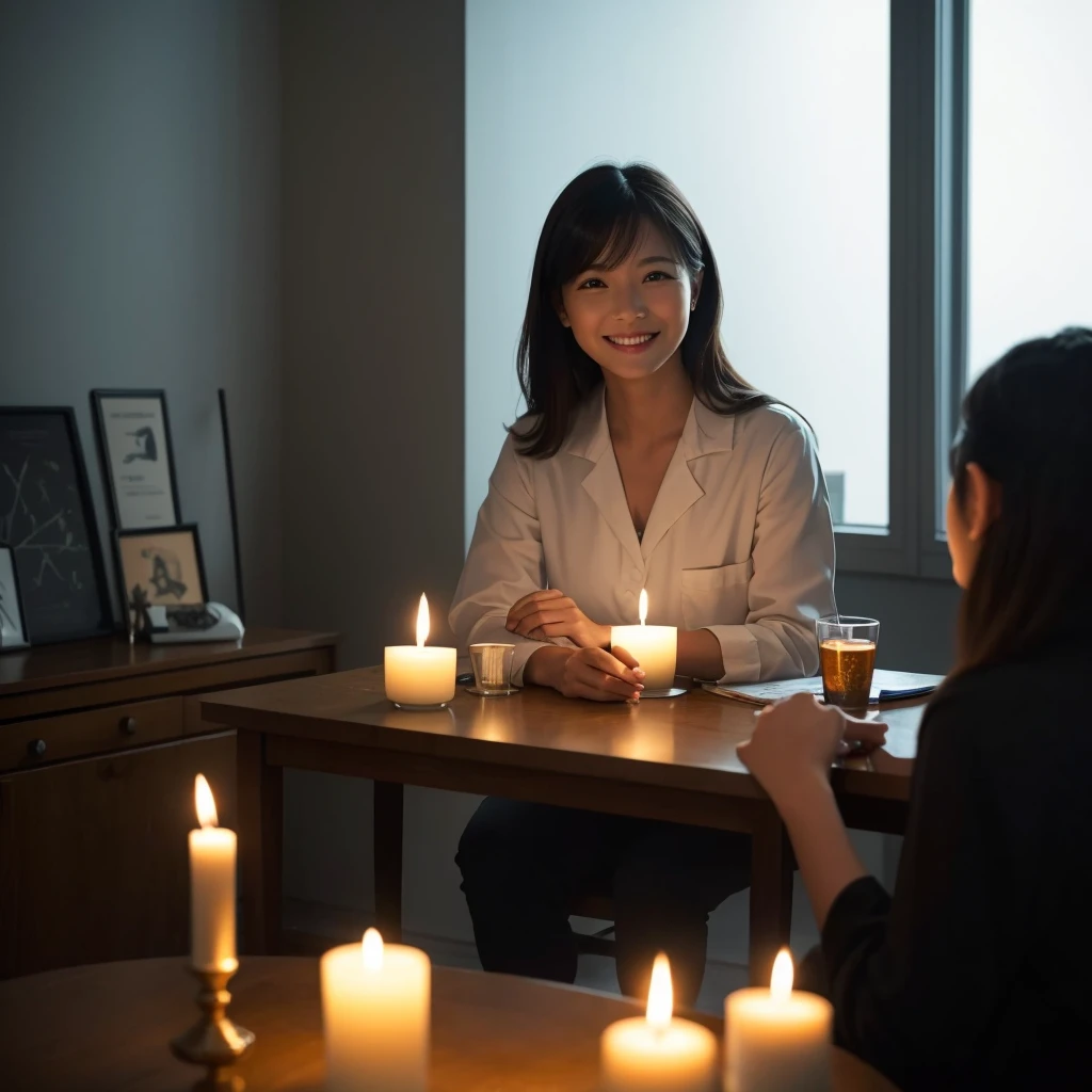 The image shows、A smiling counselor is depicted in a dimly lit room.。The counselor is wearing a gentle smile under warm lighting.、Focused on dialogue with patients。She is dressed simply and professionally.、The table is decorated with candles and counseling tools.。With a dark wall in the background、There are faintly visible paintings and decorations、Gives a sense of quiet and privacy。The whole room was dimly lit、The image depicts a space where counseling can be focused and relaxed.。