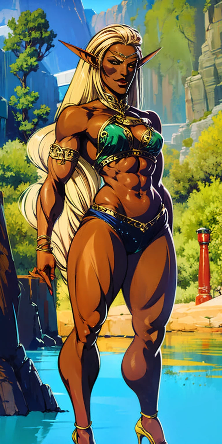 Extremely detailed Artgerm style: This sets the overall artistic style with a high level of detail. Fantasy art: This specifies the genre. Goddess of the green forest: This defines the character's role and gives context to the setting. Woman with long, elf ears: This incorporates the elf features. Black skin: This specifies the character's race. Ornate bikini armor: This combines the skimpy clothing with a fantastical, protective element. Blue high heels standing straight symmetrical: This suggests the color of the bikini and potentially the water body. Long, messy blonde hair: This adds a detail that contrasts the Artgerm style, which is typically more polished for hair.