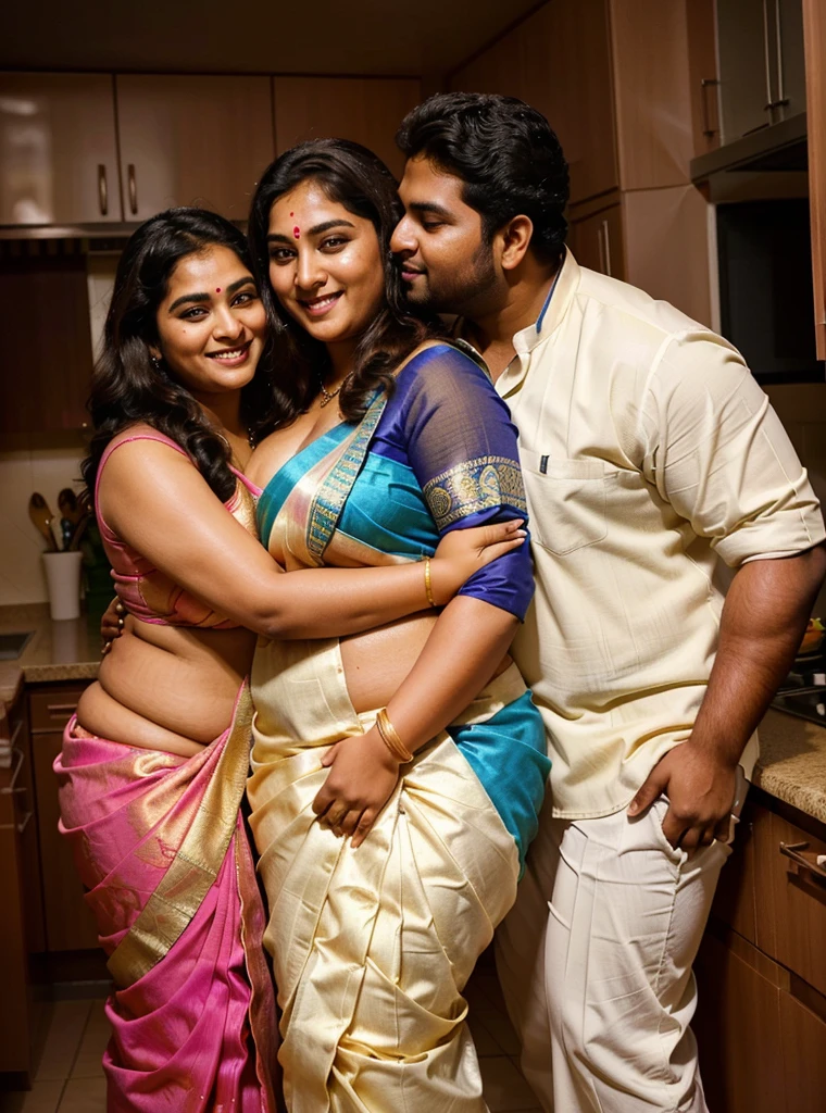 A radiant, full-figured South Indian plus-sized 30 year old teacher wearing a cream silky saree tenderly hugging and kissing a group of jubilant 20-year-old men in kitchen, captured in a full-body image with vibrant hues and meticulous details.