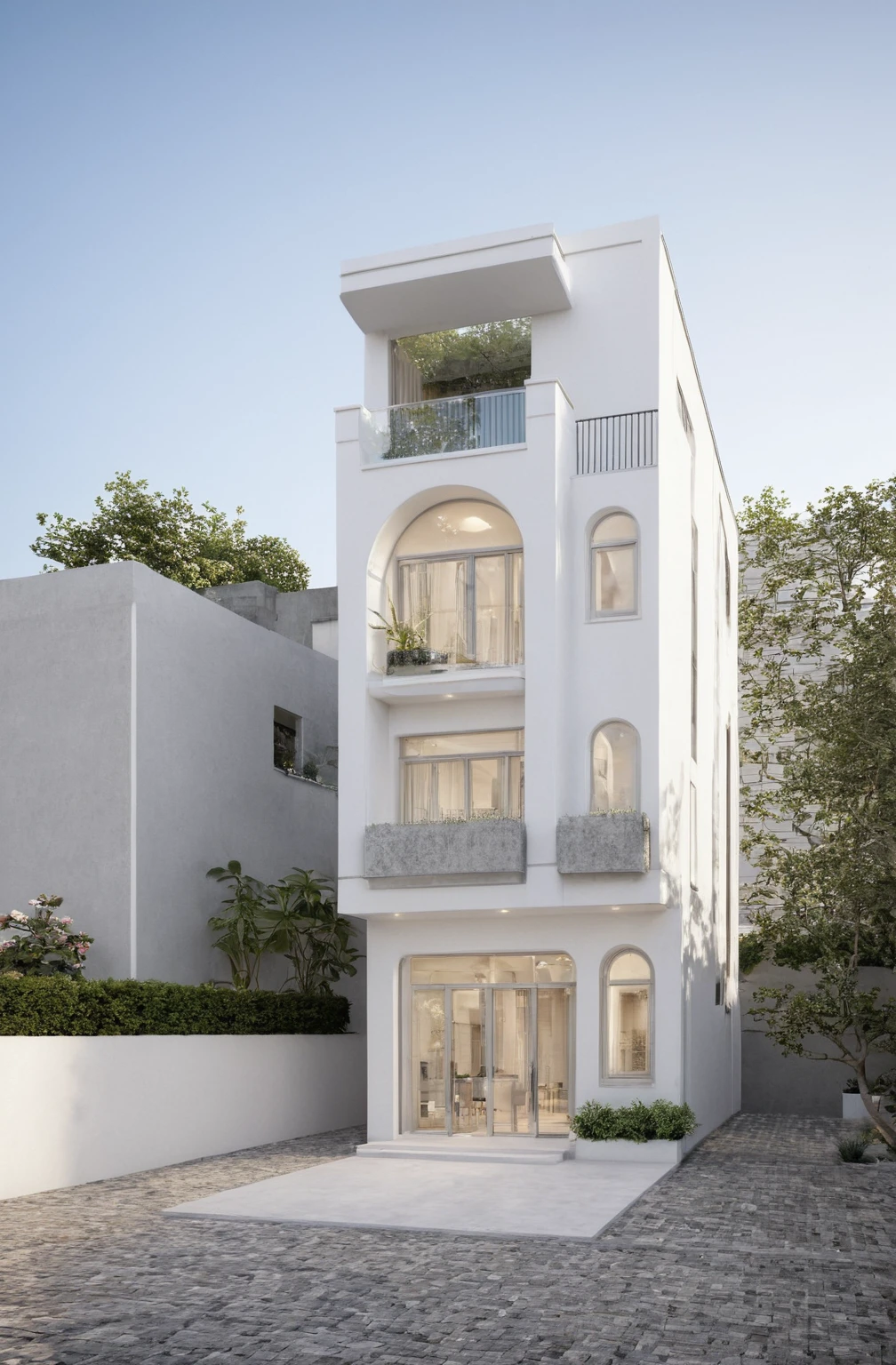 RAW photo,Masterpiece, high quality, best quality, authentic, super detail,
exterior, outdoors,A modern townhouse with a minimalist design, featuring three main floors and a rooftop terrace. The facade is predominantly white with grey accents, large glass windows, and balconies. There are plants and flowers adorning the balconies and the rooftop terrace. The entrance has a metallic rolling door. The scene is set in an urban area with similar styled buildings around