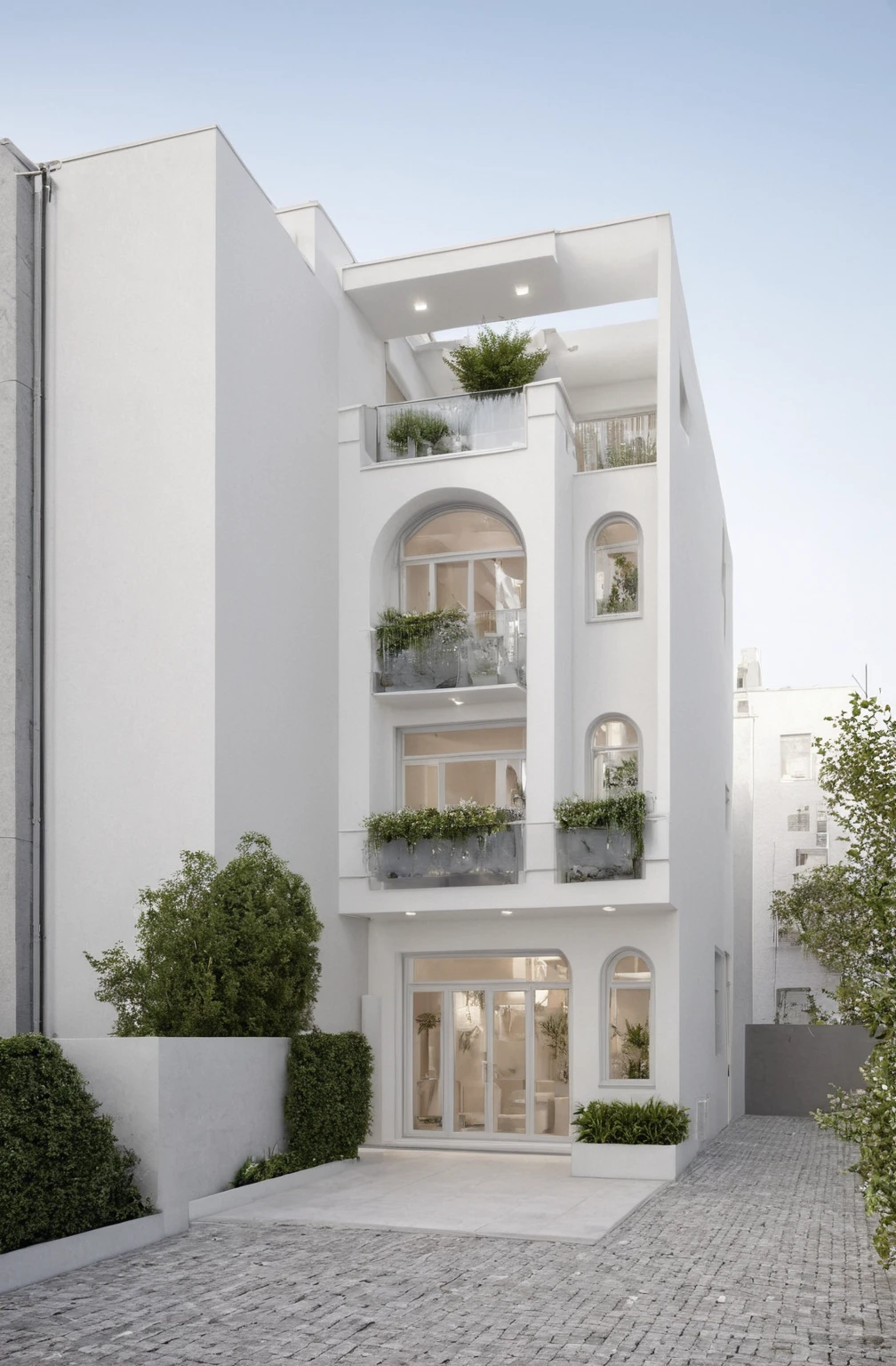 RAW photo,Masterpiece, high quality, best quality, authentic, super detail,
exterior, outdoors,A modern townhouse with a minimalist design, featuring three main floors and a rooftop terrace. The facade is predominantly white with grey accents, large glass windows, and balconies. There are plants and flowers adorning the balconies and the rooftop terrace. The entrance has a metallic rolling door. The scene is set in an urban area with similar styled buildings around