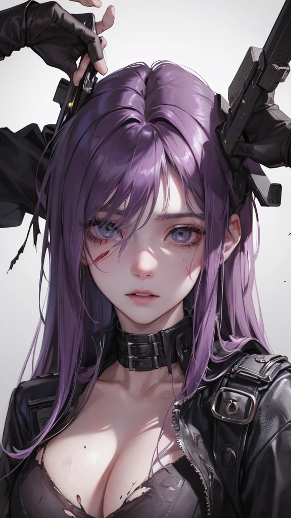 (Top resolution、Distinct_image)top-quality、A girl、masterpiece、highly detailed, half body, Semi-realistic、grey eyes 、18year old、dark purple hair,young 、Exquisite facial features、Facial features ,variation potrait, big breasts, injured, ruined city background , long hairstyles, zombies apocalypse, teenage, cool , cold sharp eyes, survivor,war soldier, An expression of despair., Torn clothes, destroyed clothes, damaged clothing, all dirty, dirty, dirt, lifeless eyes, blood on face, , {Very detailed 8k CG unit wallpaper},