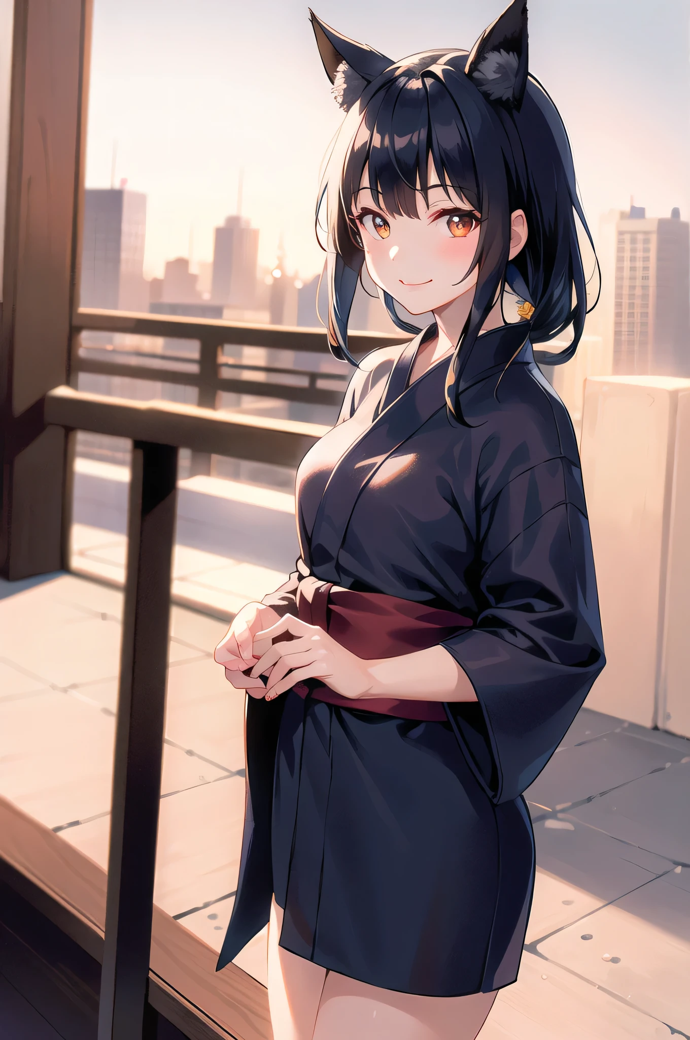 (morning), One girl, alone, View your viewers, winter, Cowboy Shot, (Downtown), Cowboy Shot, smile, Black Hair，yukata，Dog ears