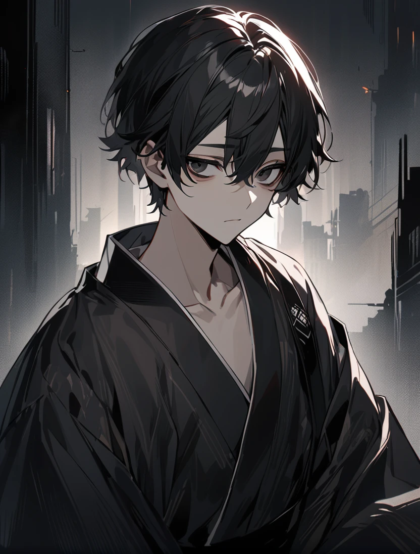 (black_hair), (short_hair), (deep_black_eyes), (high_detailed_eyes), (attractive), (emotionless), (male), (wearing _a_dark_colored_Unique_kimono), (detailed_Hair), (detailed), (detailed_mouth), (r), (dark_under_eyes)