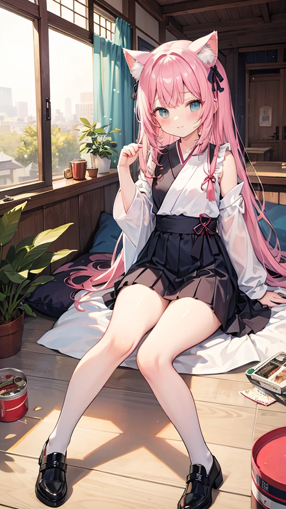 Super precise and super beautiful bishojo anime style illustrations, angels, cat ears and tails, long pink hair, cute boys, shota characters that look like beautiful girls, resting on the edge of a Japanese house with a can of chillout in their hands,