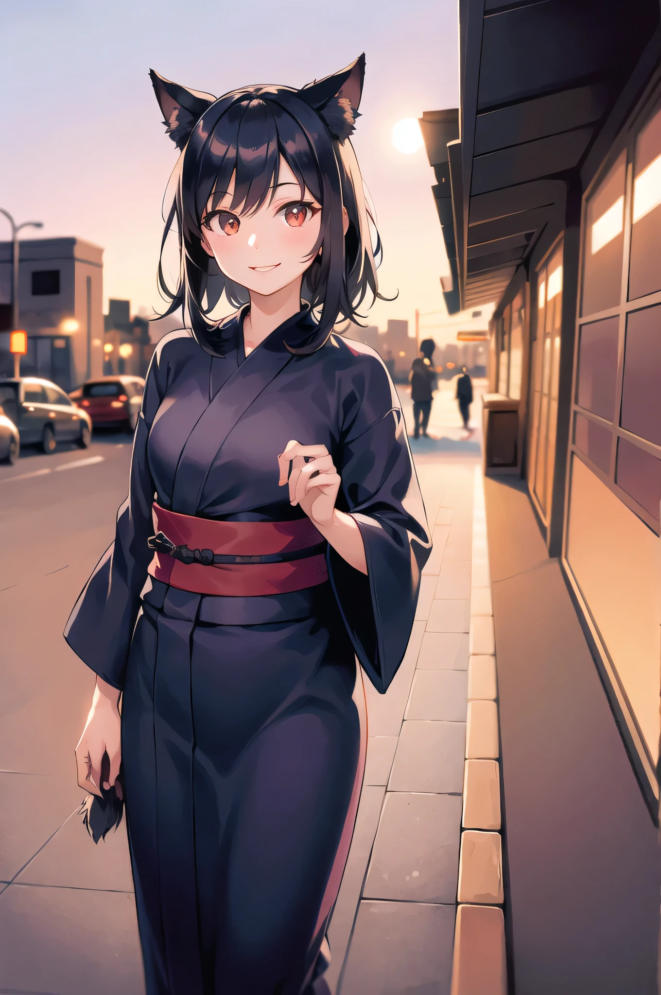 (morning), One girl, alone, View your viewers, winter, Cowboy Shot, (Downtown), Cowboy Shot, smile, Black Hair,yukata,Dog ears