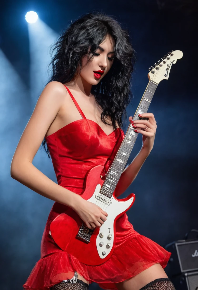 A beauty and sexy young woman with disheveled black hair and red dress playing a white electric guitar for the audience on the stage