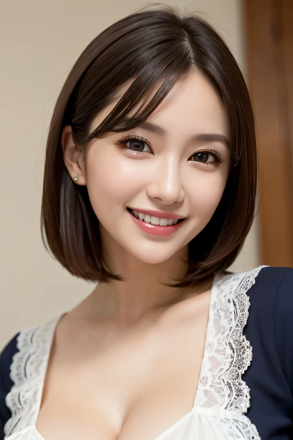 ((masterpiece)), ((Highest quality)), ((Complex)), ((Surreal)), (Realistic), (Mature Woman), ((There are no classes)), Very detailed, (1 female), Beautiful and exquisite, (Beautiful Teeth), Grin, Brunette Bob Hair, Brown eyes, ((blouse)), (Upper Body), (background:none), Perfect Eyes, Captivating eyes, Looking at the audience