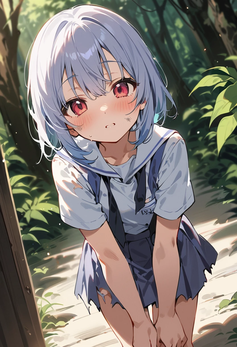 beautiful detailed girl,(masterpiece,best quality,extremely detailed:1.2),((cowboy shot:1.1)),(solo,s old,kawaii,slender,small breasts:1.25),(pained look:0.8),((white underwear) in ((Torn school uniform)):2),(dirty:2),blush,shy,weep,standing,(deep forest:1.5),(hug:0.4),rating: general, newest,Sexy face