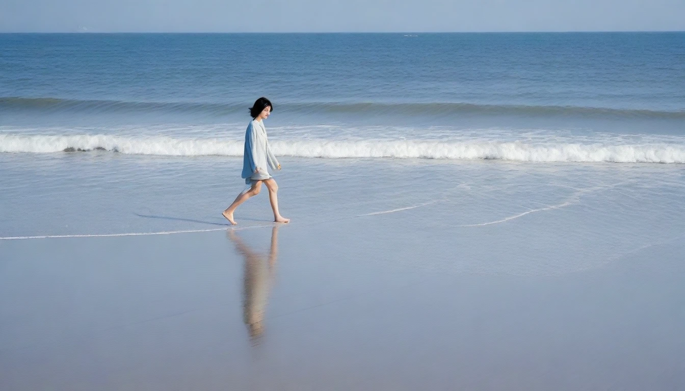 , Vivid picture quality, desolate long beach, Short haired woman walking from afar, 푸른 하늘 푸른 ocean, alone, afternoon, depressed, tide가 밀려온다, ocean, tide, wind, short korean woman, 잔잔한 tide, bare foot
