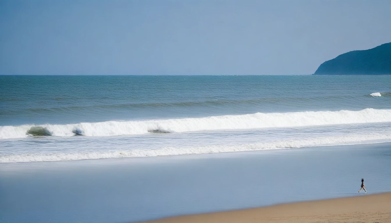 , Vivid picture quality, desolate long beach, Short haired woman walking from afar, 푸른 하늘 푸른 ocean, alone, afternoon, depressed, tide가 밀려온다, ocean, tide, wind, short korean woman, 잔잔한 tide, bare foot