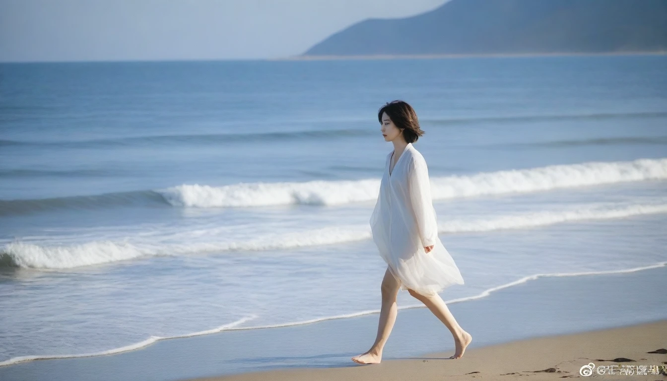 , Vivid picture quality, desolate long beach, Short haired woman walking from afar, 푸른 하늘 푸른 ocean, alone, afternoon, depressed, tide가 밀려온다, ocean, tide, wind, short korean woman, 잔잔한 tide, bare foot