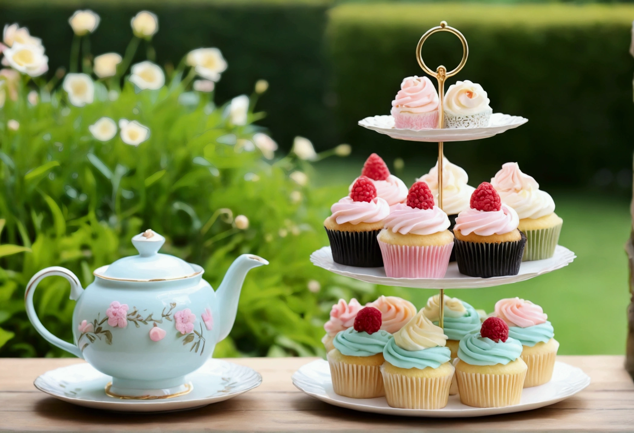 Cute and pastel colored cupcakes、Afternoon tea、Garden Background
