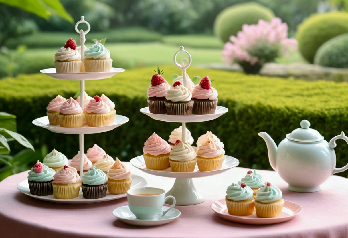 Cute and pastel colored cupcakes、Afternoon tea、Garden Background