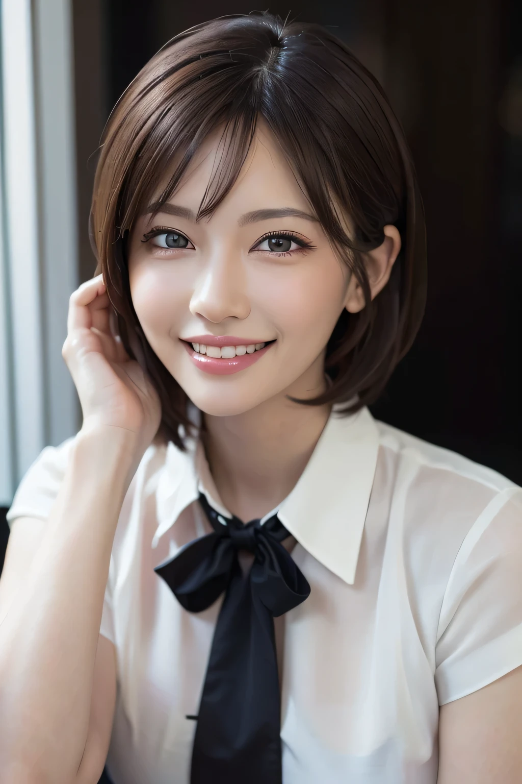 ((masterpiece)), ((Highest quality)), ((Complex)), ((Surreal)), (Realistic), (Mature Woman), ((There are no classes)), Very detailed, (1 female), Beautiful and exquisite, (Beautiful Teeth), Grin, Brunette Bob Hair, Brown eyes, ((blouse)), (Upper Body), (background:none), Perfect Eyes, Captivating eyes, Looking at the audience