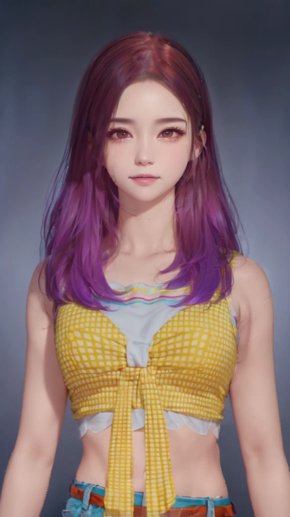 a close up of a person with purple hair wearing a yellow top, inspired by Sim Sa-jeong, wavy hair yellow theme, realistic. cheng yi, with very highly detailed face, kawaii realistic portrait, 🤤 girl portrait, long glowing ethereal hair, detailed hair foggy, inspired by Russell Dongjun Lu, 16k upscaled image, realistic hair, dynamic wavy hair, (huge breast)