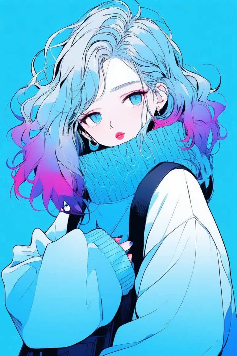 ilustrador, Japanese cartoons , Practical ,sketch , 1 girl, ,lips, sweater,Order, Blue gradient background, Neon hair,Texture decoration, Canada, (masterpiece,best quality) glycerin