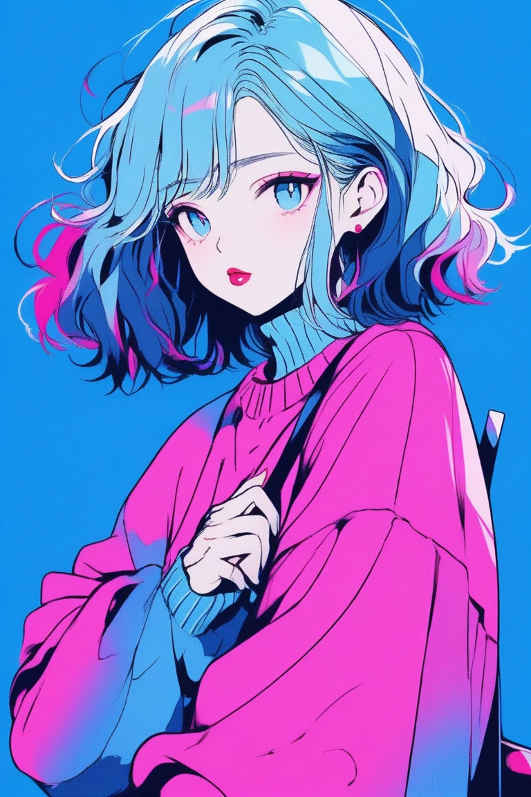 ilustrador, Japanese cartoons , Practical ,sketch , 1 girl, ,lips, sweater,Order, Blue gradient background, Neon hair,Texture decoration, Canada, (masterpiece,best quality) glycerin