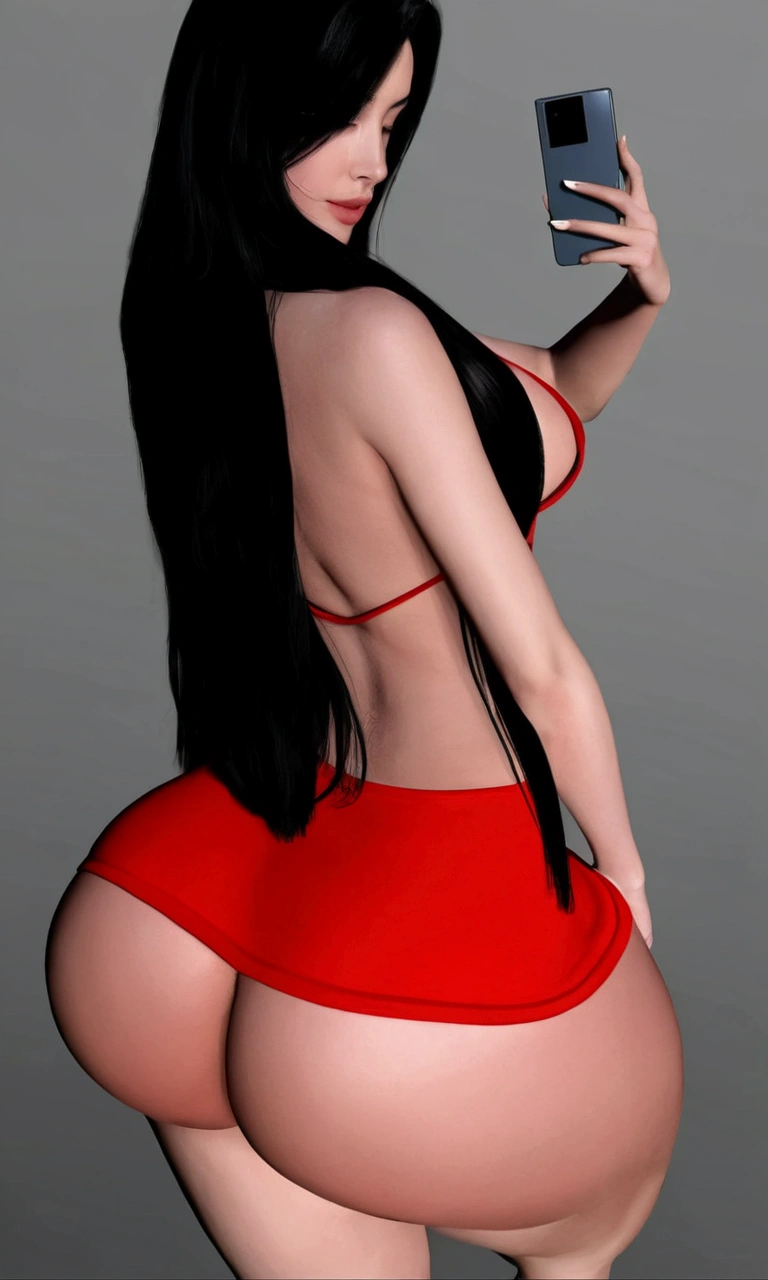 a close-up of a woman in a red dress holding a cell phone,in tight short dress, coast pose, realistic shaded perfect body, realistic woman, big-ass 