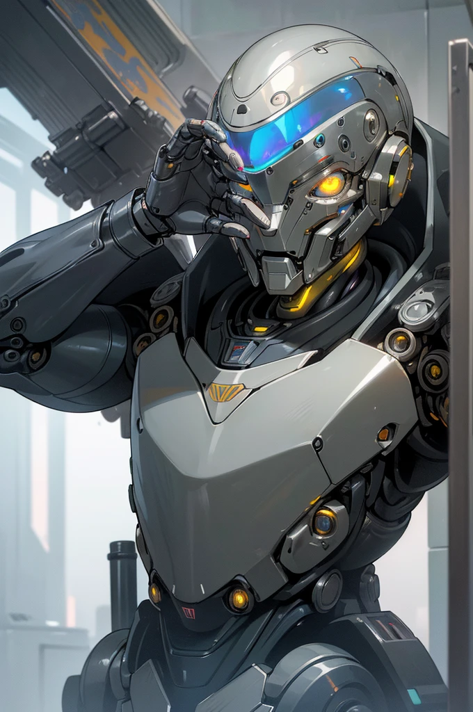 ((best quality)), ((highly detailed)), masterpiece, absurdres, detailed face, beautiful face, (detailed eyes, deep eyes), (1man), cowboy shot, (((wide shot))), ((robot male)), robot body, (metallic hair:1.3), solid eyes, (grey eyes), colored sclerae, ((mechanical eyes)), biomechanical, mechanization, (iridium skin), (metallic skin:1.33), colored skin, (motorcycle helmet, covered face, mask, ((no mouth)), lights, LEDs, wires, cables, shiny skin, robot limbs, doll-like joints, (inside, in an entryway), simon stalenhag, muscular, serious face