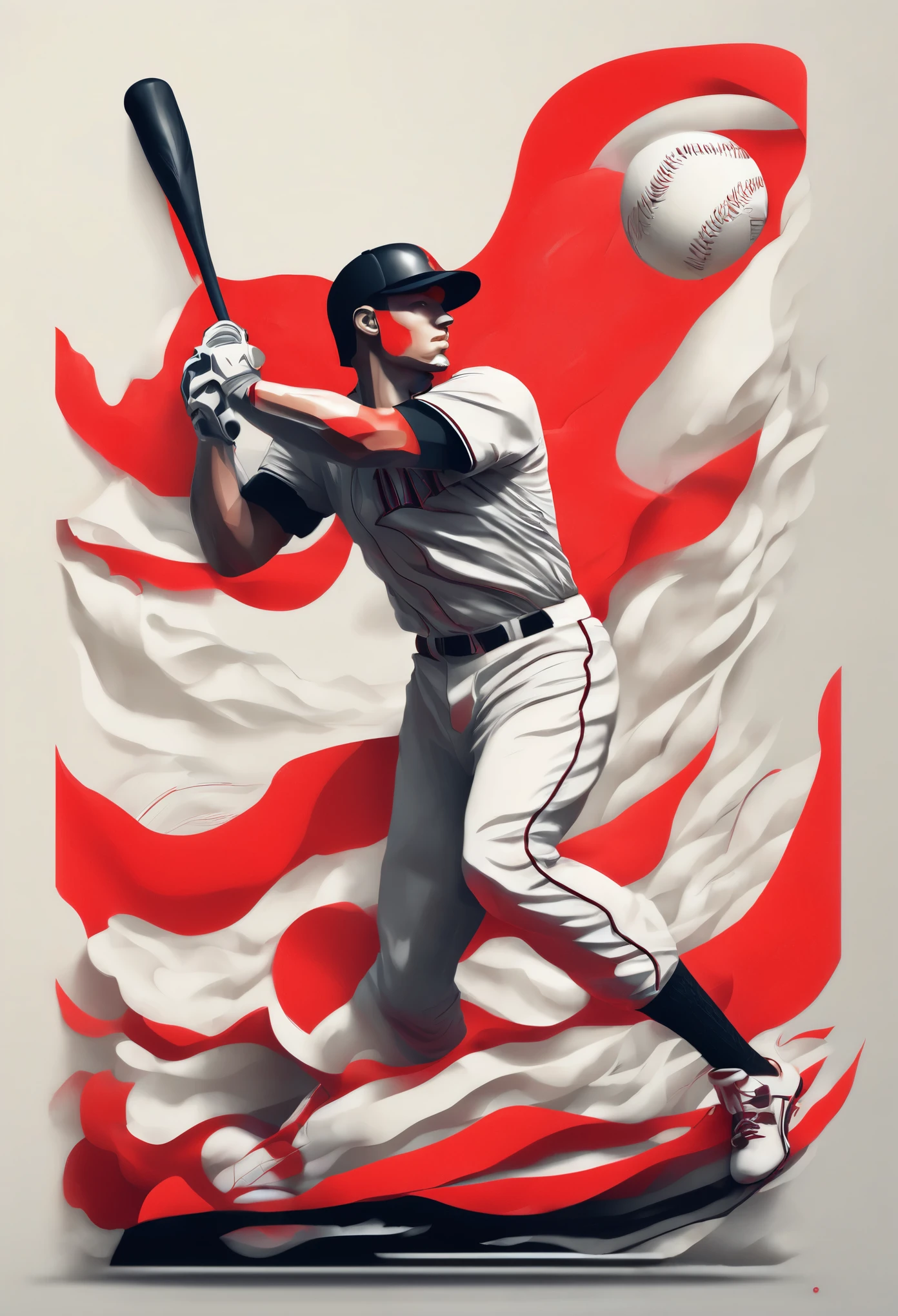 anatomically perfect, general shot, full body, A baseball player, holding baseball bat,a baseball player, line art, colors, red black and white:1.5, Detailed line art, intricate lines, dynamic baseball player, baseball player in motion, realistic sports figure, realistic baseball player, detailed muscle structure, perfect anatomy, Seamless integration, Shocking composition, dramatic lighting, High contrast, Cinematic atmosphere, colors vívidos, Impressive visual impact, Masterpiece, Best Quality, 8k, photorealistic