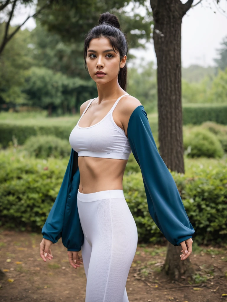 Create an outfit that is tight on the character's body, which is elimination, and is flattering on the character itself, which is a white-haired woman with a gun held in her hand, which is a pistol from the future, with her body showing completely with her jacket black woman showing her white bra with black and gold stripes on the sides and that she is wearing sweatpants and gold on the sides of the pants and with her white Nike socks and with her Nike sneakers and with a blurred background in a city of the future looking like the team Square and that the lights from the streetlights reflect in the image on the character's face, which makes her much more realistic than she already is. her beauty with the lights leaving every detail of the Streets of the puddles of water that she has been stepping on and reflecting with her face that she wears an earring with an emblem of an initial w