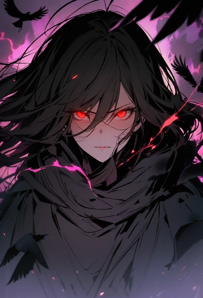 girl, mature, crows, red eyes, black hair, glowing eyes, dark aura, cloak, long hair, main face, front face, face close, cool