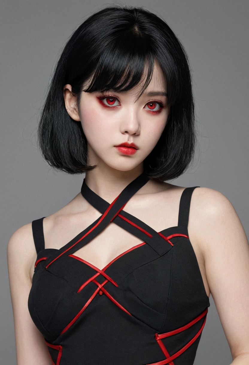 1 girl,Solo,blackhair,red eyes,Criss Cross,masterpiece,best quality,very aesthetic,absurdres,masterpiece, best quality, very aesthetic, absurdres 