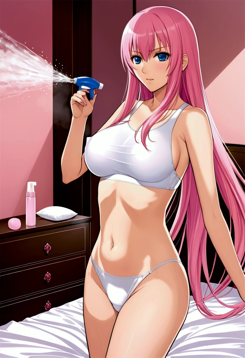 {{masterpiece}},{Detailed and beautiful depiction},Official Art,Beautiful adult woman,Megurine Luka,Pink long hair,blue eyes,Big Breasts,Draw the whole body,School Swimsuit,Semen is being sprayed,{{Erotic Seduction:2.0}},{Embarrassing gesture},bedroom