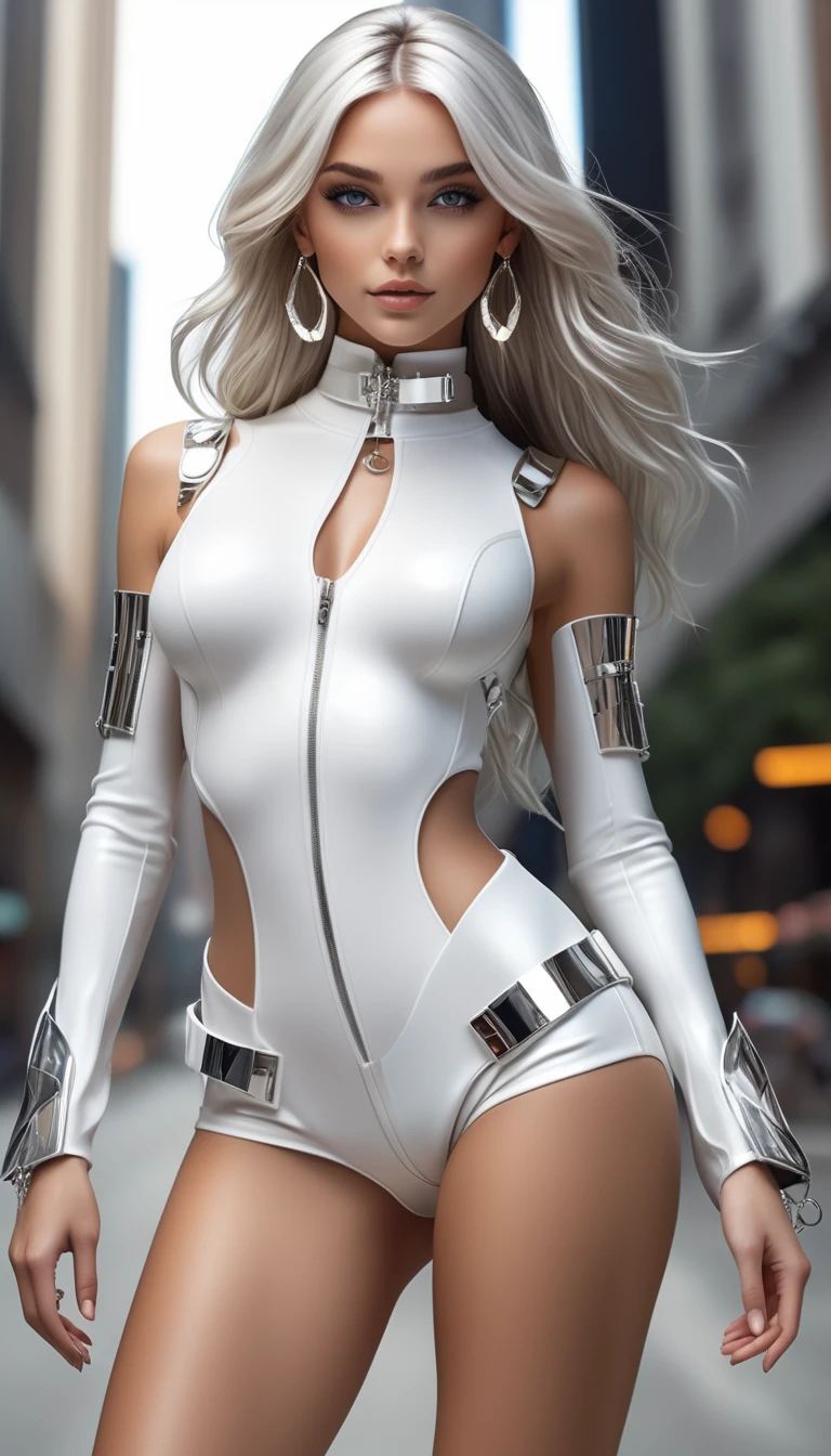 Evelynn standing , dominatrix, very sexy outfit, ripped clothes holding whip, white hair, holding a whip, tight attire, very sexy outfit, mistress, full body length shot, wrapped in leather straps, dominant pose, sexy outfit, midriff exposed