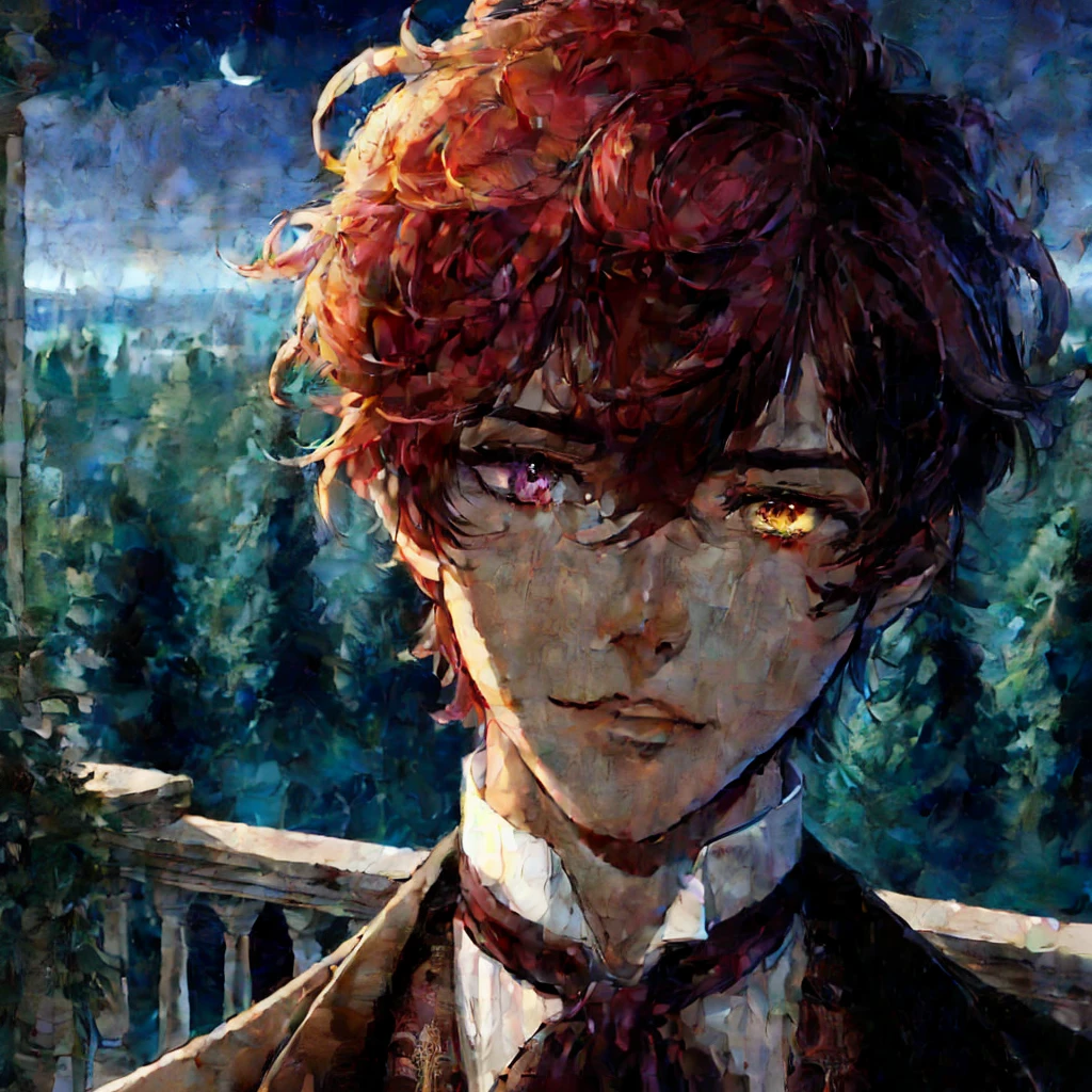 **detailed drawing** **4k ** **sharp** red hair young man, gold eyes, Dark skin, dressed in an elegant old suit, that is in an enchanted forest , an aqua green light is on the side of the man