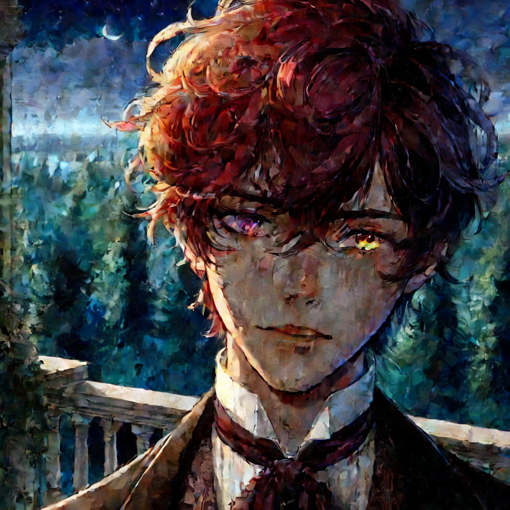 **detailed drawing** **4k ** **sharp** red hair young man, gold eyes, Dark skin, dressed in an elegant old suit, that is in an enchanted forest , an aqua green light is on the side of the man