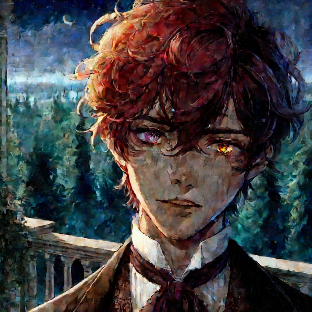 **detailed drawing** **4k ** **sharp** red hair young man, gold eyes, Dark skin, dressed in an elegant old suit, that is in an enchanted forest , an aqua green light is on the side of the man
