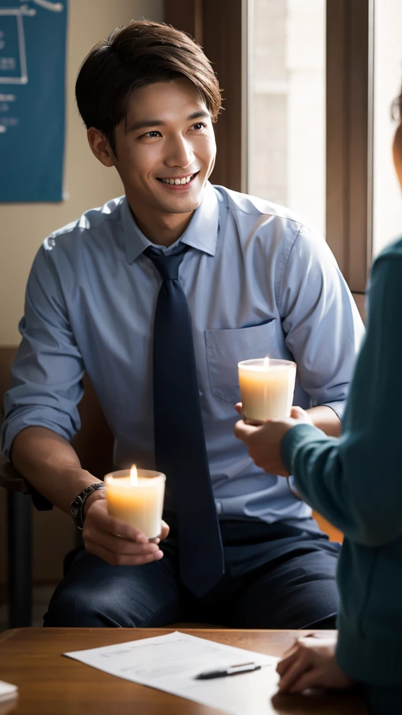 The image shows、A smiling male counselor is depicted in a dimly lit room.。He smiles warmly、Talking to a patient during a counseling session。He wears a shirt and tie、Dressed in muted colors、It gives a professional impression。The table is decorated with candles and counseling tools.、The surrounding area features dark walls and faintly visible paintings and decorations.。The whole room was dimly lit、The counseling atmosphere is quiet and private.。